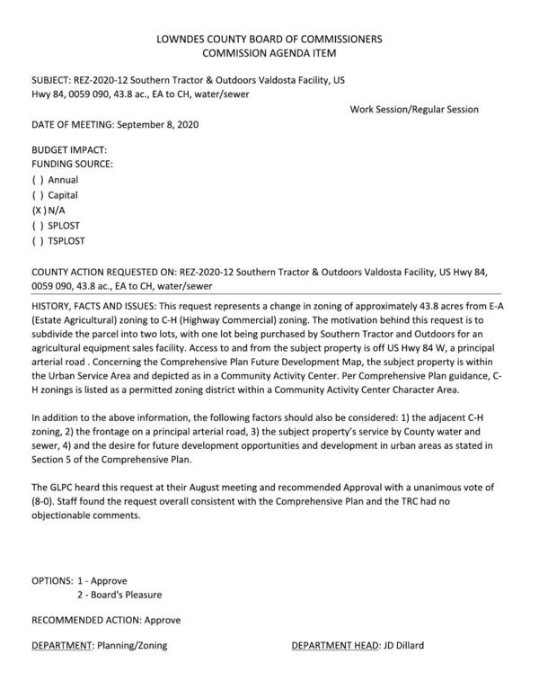 GLPC for 8:0; staff & TRC for. Subdivide for an agricultural equipment sales facility