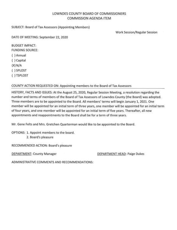 [number and terms of members of the Board of Tax Assessors of Lowndes County (the Board) was adopted.]