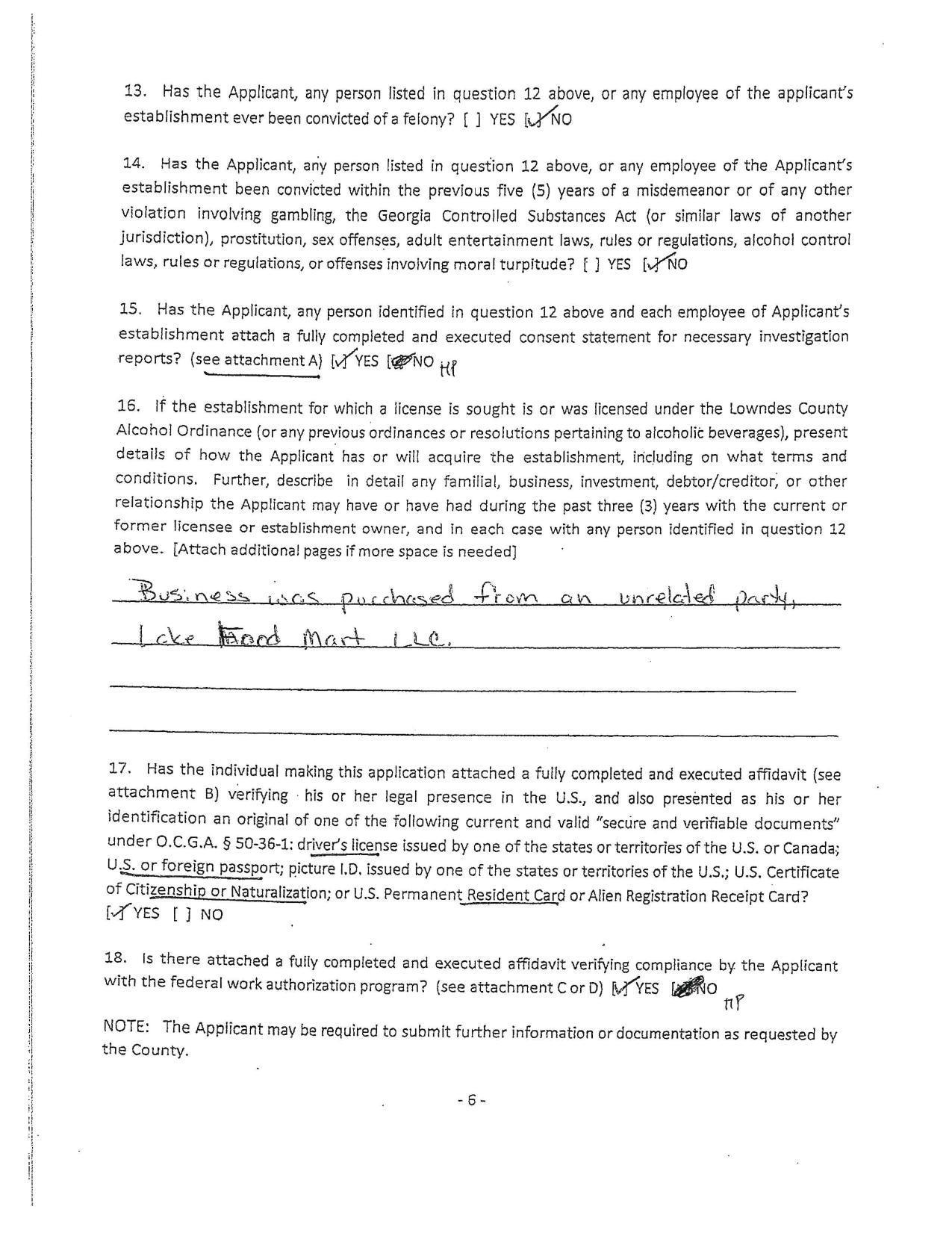 16. if the establishment for which a license is sought is or was licensed under the Lowndes County