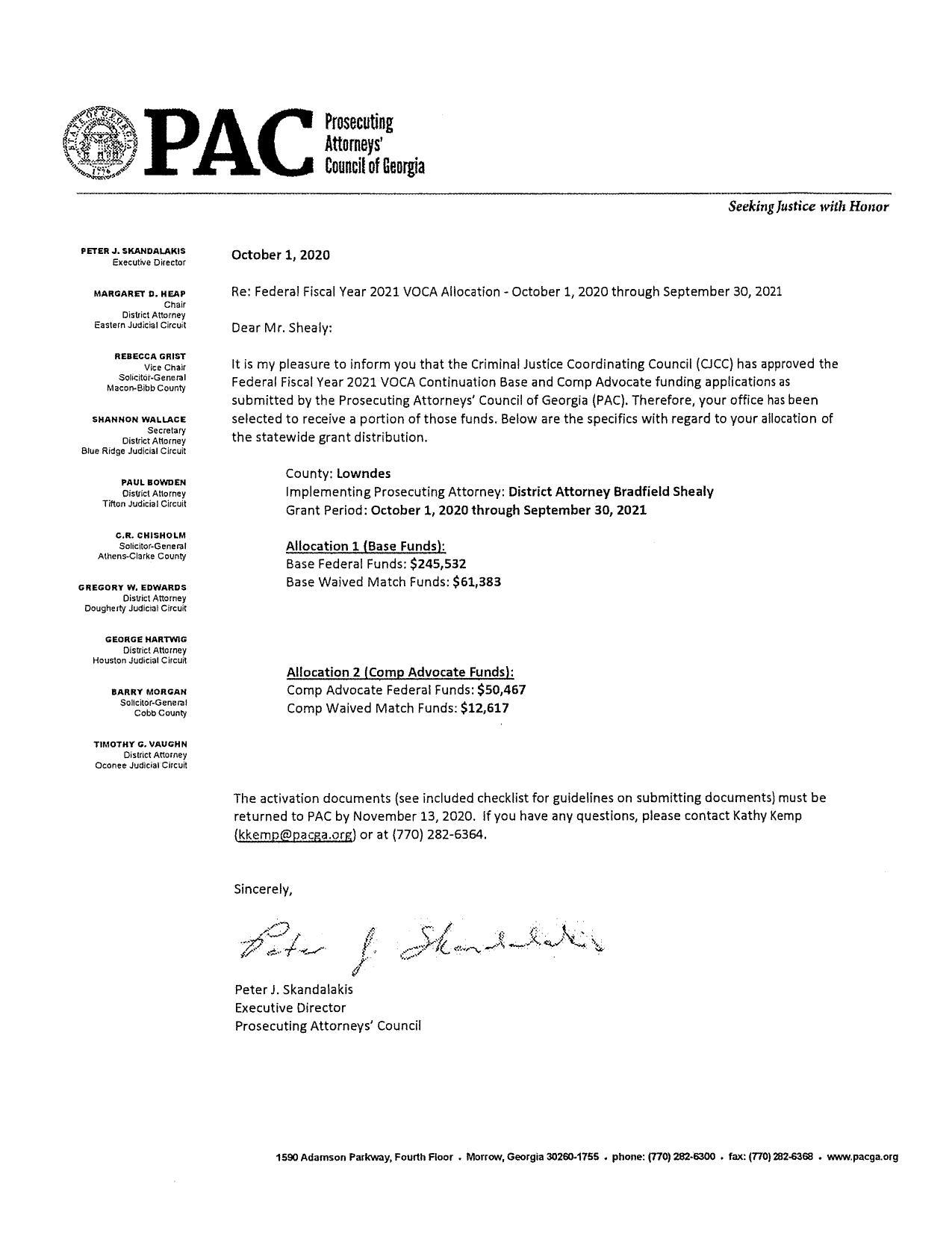 PAC letter with allocation of funds