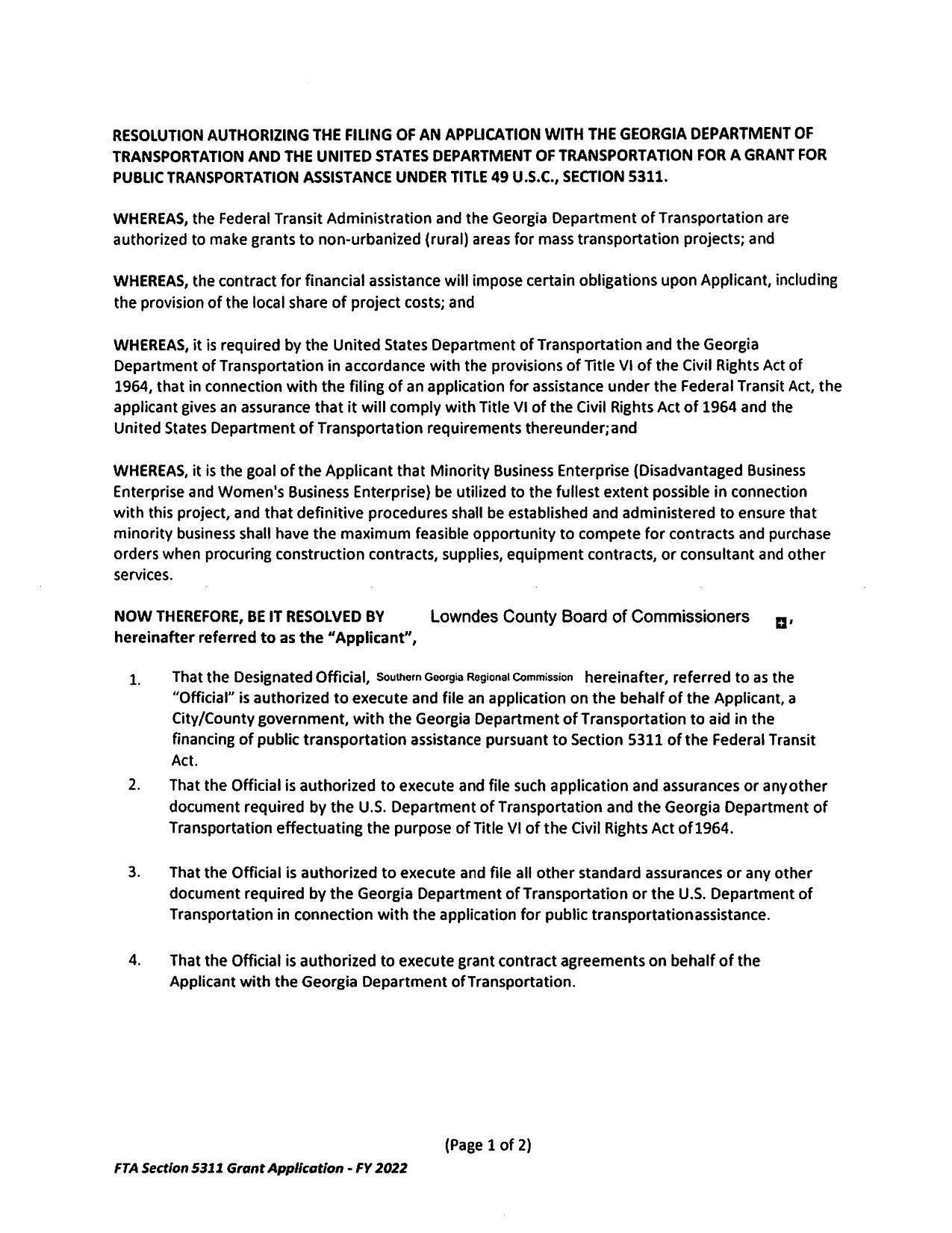 RESOLUTION AUTHORIZING THE FILING OF AN APPLICATION WITH THE GEORGIA DEPARTMENT OF