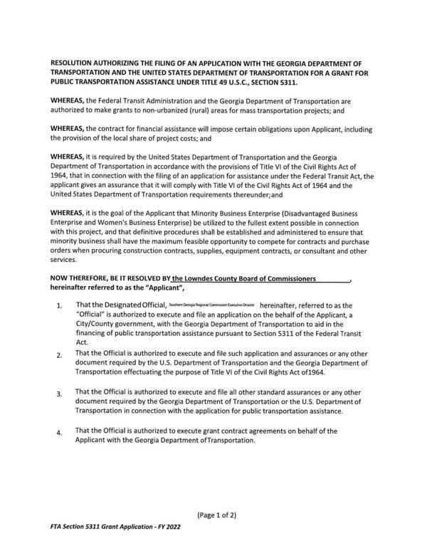 RESOLUTION AUTHORIZING THE FILING OF AN APPLICATION WITH THE GEORGIA DEPARTMENT OF TRANSPORTATION