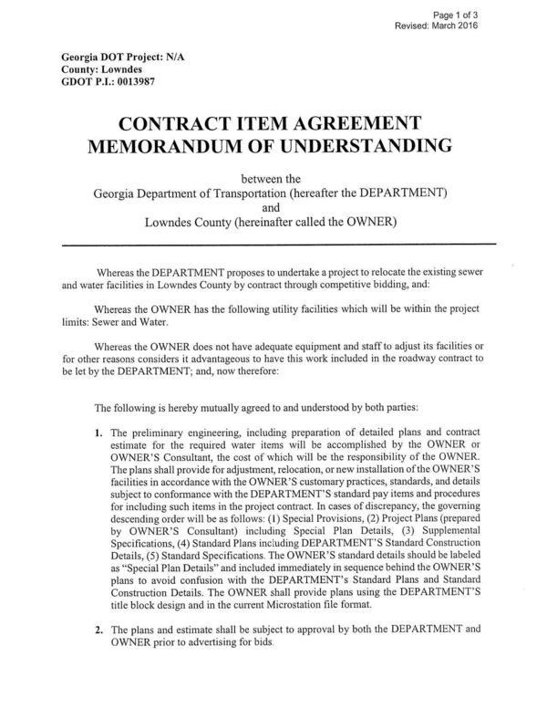 CONTRACT ITEM AGREEMENT: widening Lake Park Bellville Rd. from mGA 7 to I-75 will require relocation of county utilities