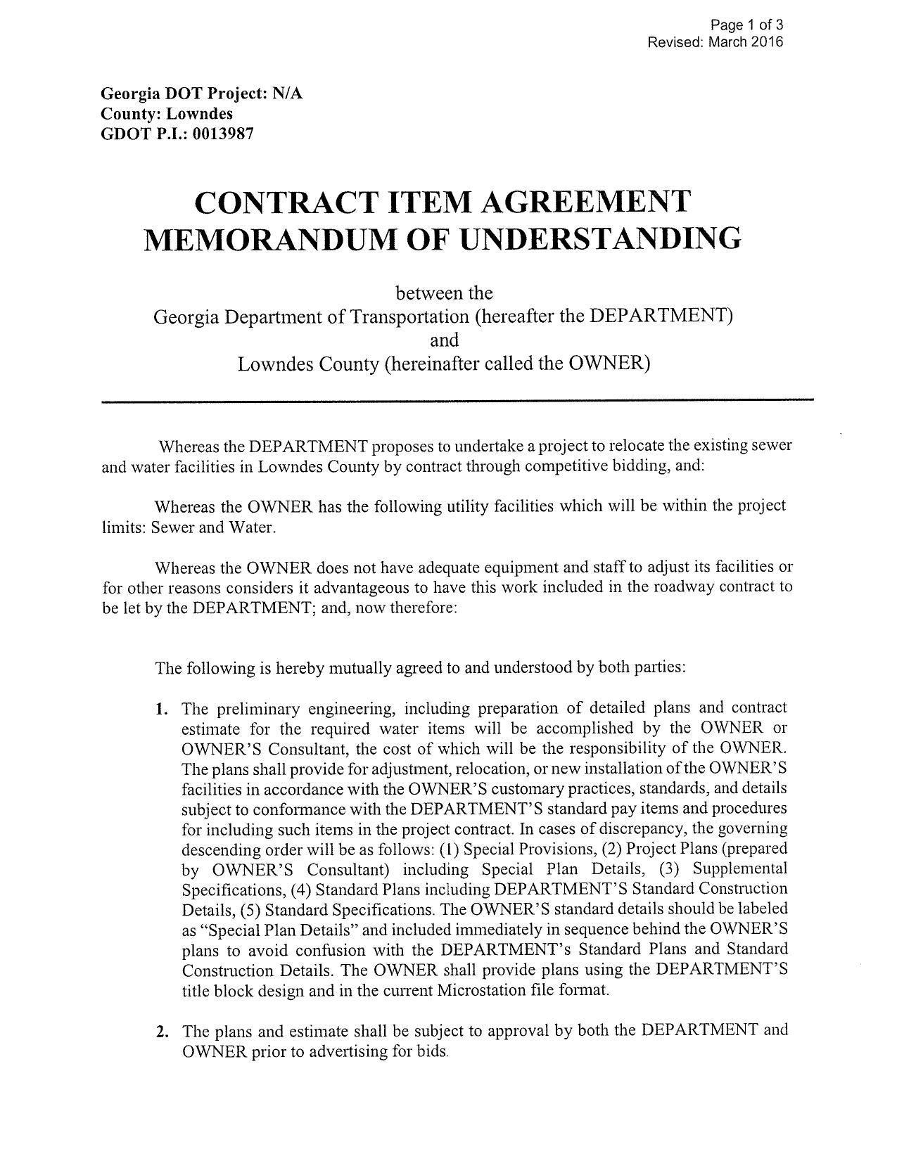 CONTRACT ITEM AGREEMENT: widening Lake Park Bellville Rd. from mGA 7 to I-75 will require relocation of county utilities