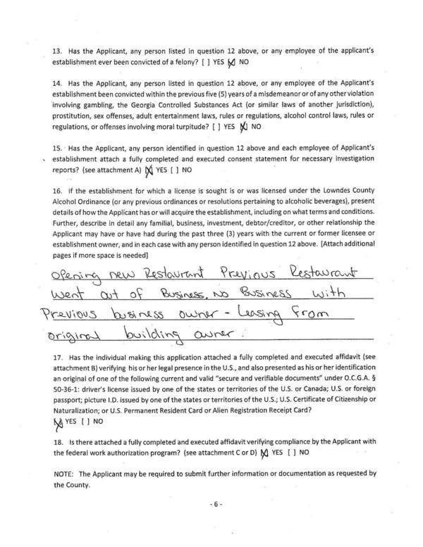 16. if the establishment for which a license is sought is or was licensed under the Lowndes County