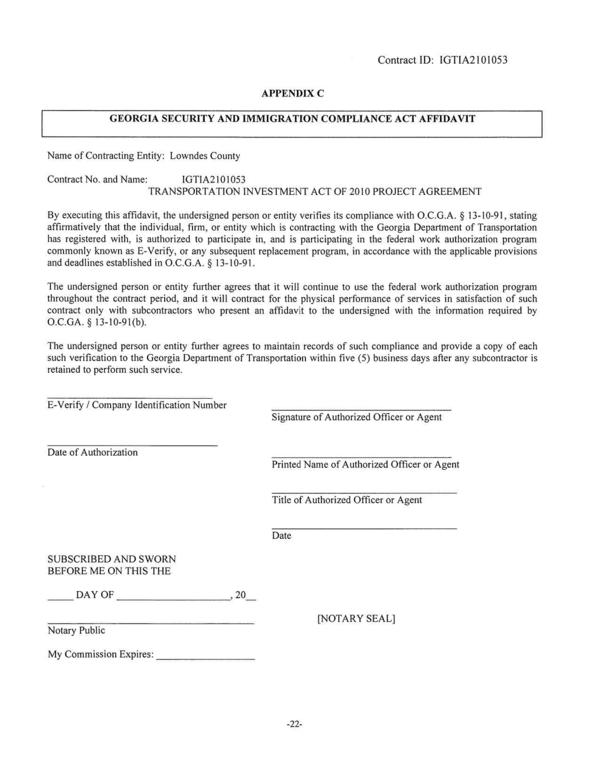 TRANSPORTATION INVESTMENT ACT OF 2010 PROJECT AGREEMENT