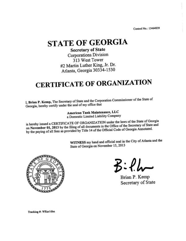 is hereby issued a CERTIFICATE OF ORGANIZATION under the laws of the State of Georgia