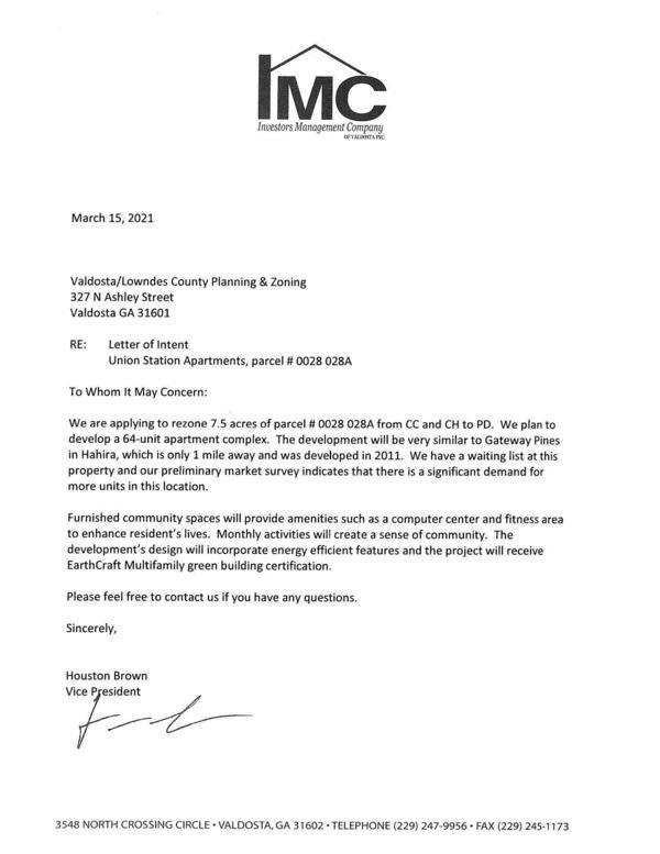 Request letter, Houston Brown, VP, Investors Management Company