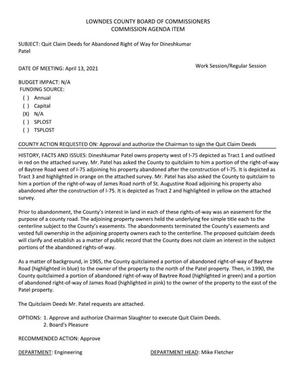 Mr. Patel has asked the County to quitclaim to him a portion of the right-of-way of Baytree Road west of I-75 adjoining his property abandoned after the construction of I-75.