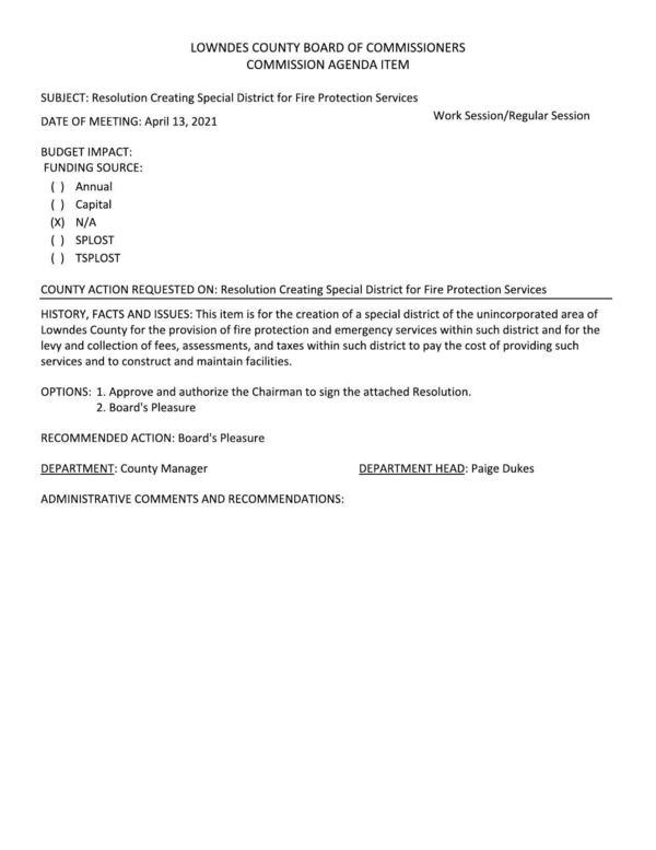 [for the creation of a special district of the unincorporated area of Lowndes County for the provision of fire protection and emergency services]