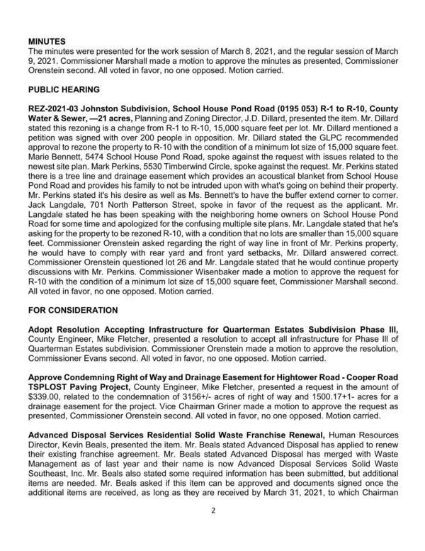 REZ-2021-03 Johnston Subdivision, School House Pond Road (0195 053) R-1 to R-10, approved 5:0 with min. lot size 15,000 sq ft.