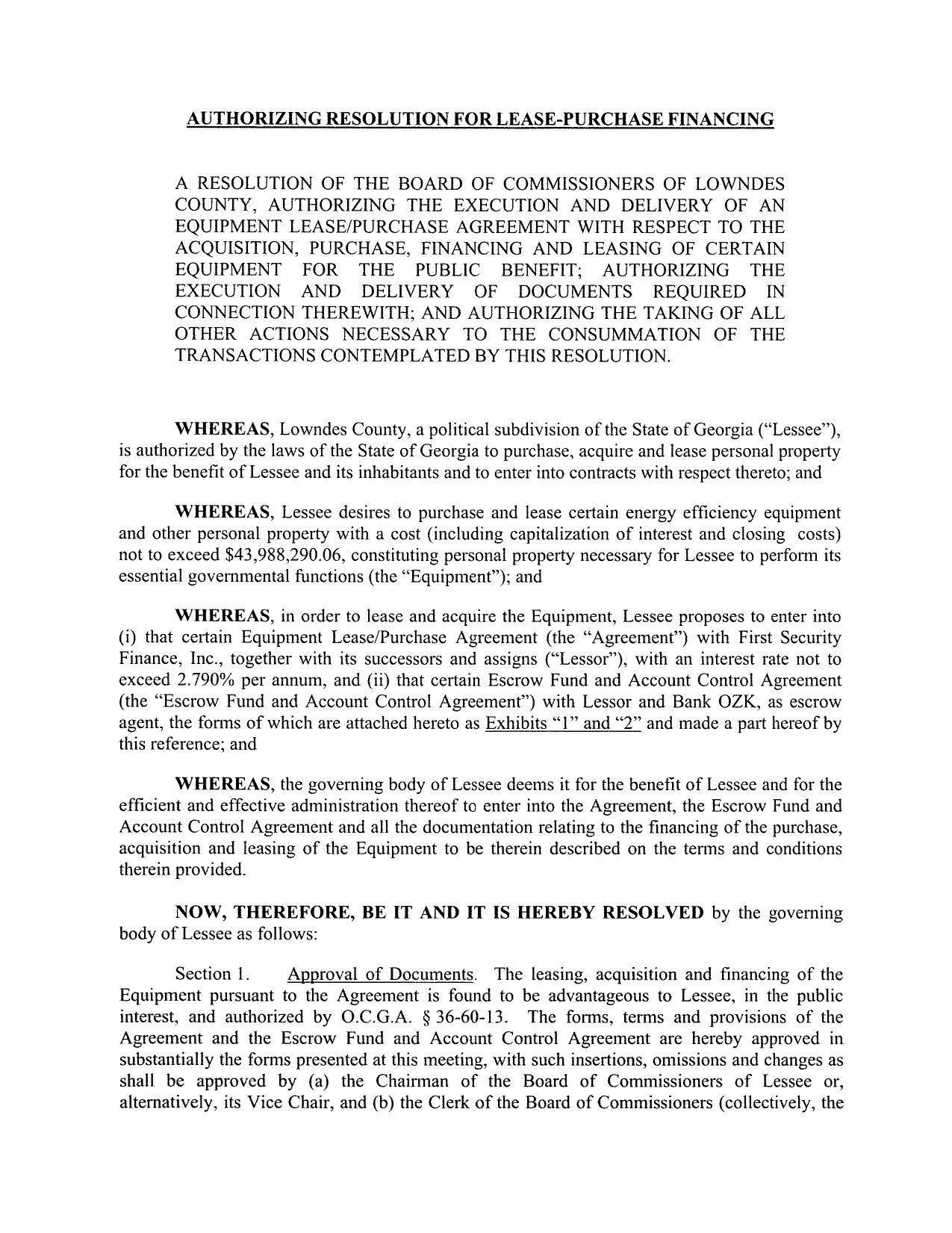 A RESOLUTION OF THE BOARD OF COMMISSIONERS OF LOWNDES
