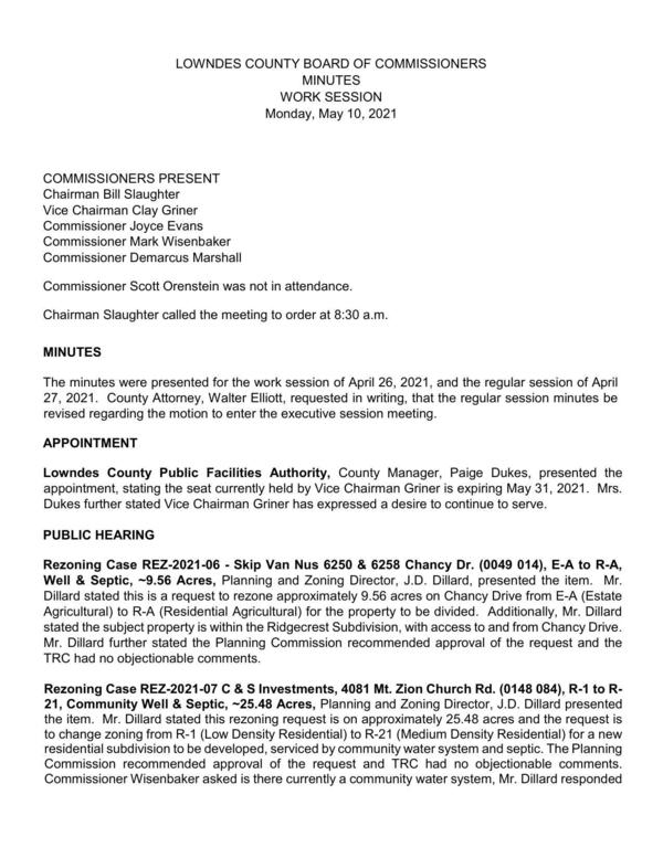 [Revision about Executive Session, REZ-2021-06 Skip Van Nus, Chancy Dr., REZ-2021-07 C & S Investments, 4081 Mt. Zion Church Rd.]