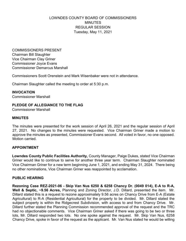 [Orenstein & Wisenbaker absent, Public Facilities Authority, REZ-2021-06 Skip Van Nus Chancy Dr.]