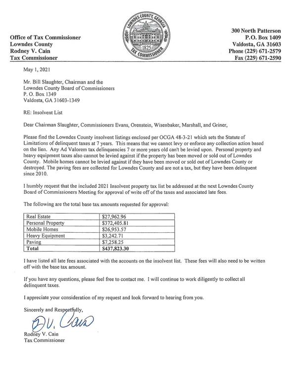 Request from Rodney V. Cain, Tax Commissioner