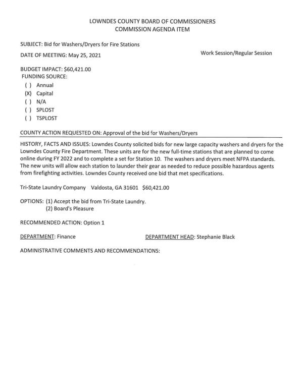 BUDGET IMPACT: $60,421.00, Tri-State Laundry Company