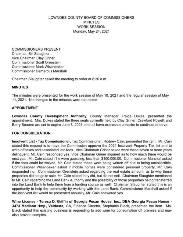 [Lowndes County Development Authorit, Tax Commissioner on delinquent tax list, wine license]