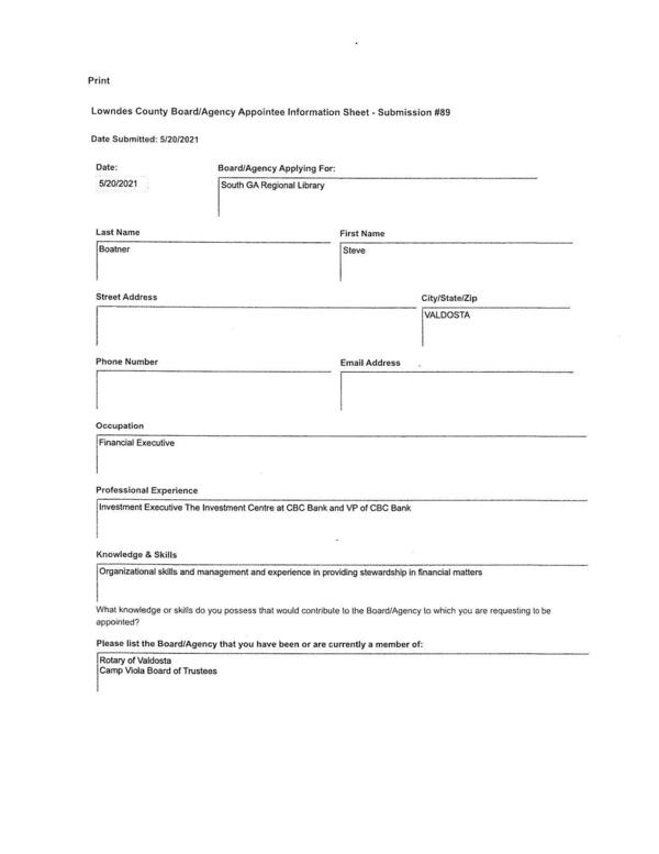 Steve Boatner application: Investment Excetuvie, CBC Bank
