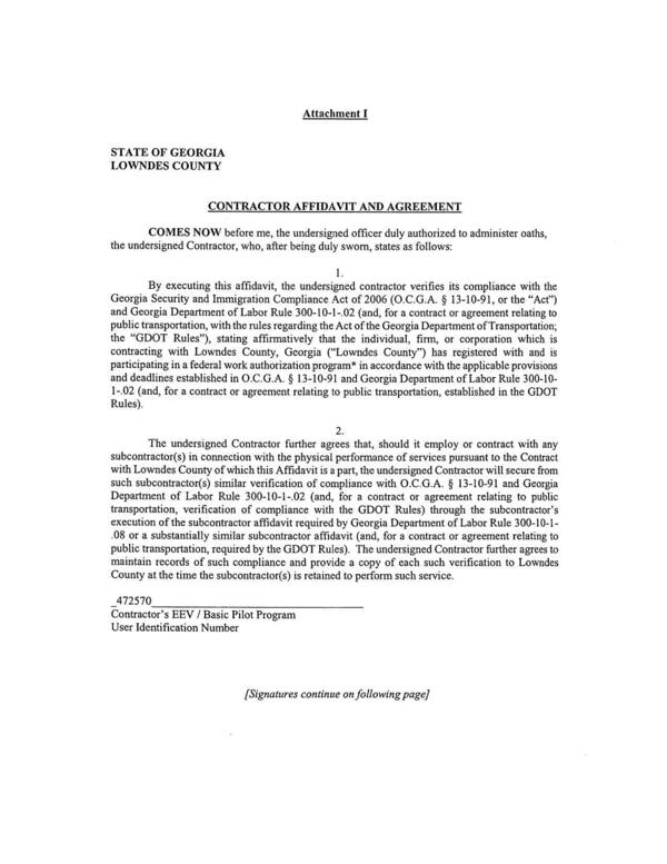 Attachment I: CONTRACTOR AFFIDAVIT AND AGREEMENT