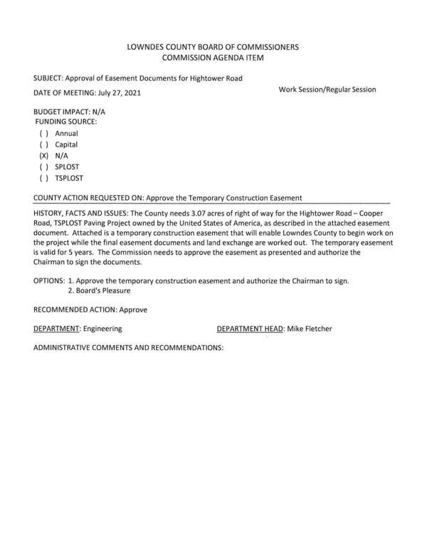 The County needs 3.07 acres of right of way for the Hightower Road — Cooper Road, TSPLOST Paving Project owned by the United States of America....