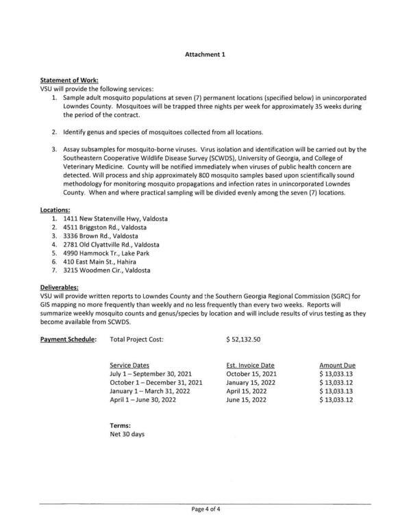 1. Sample adult mosquito populations at seven (7) permanent locations (specified below) in unincorporated