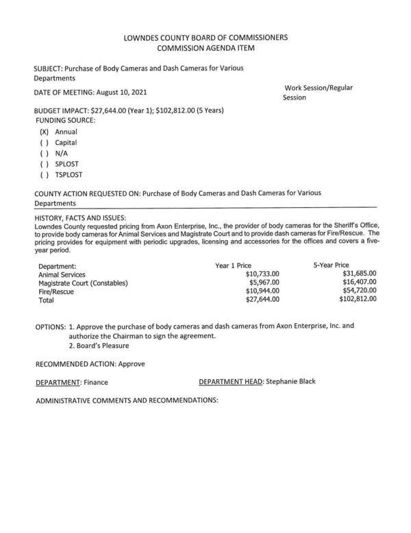 [BUDGET IMPACT: $27,644.00 (Year 1); $102,812.00 (5 Years) for Animal Services, Magistrate Court, Fire/Rescue]