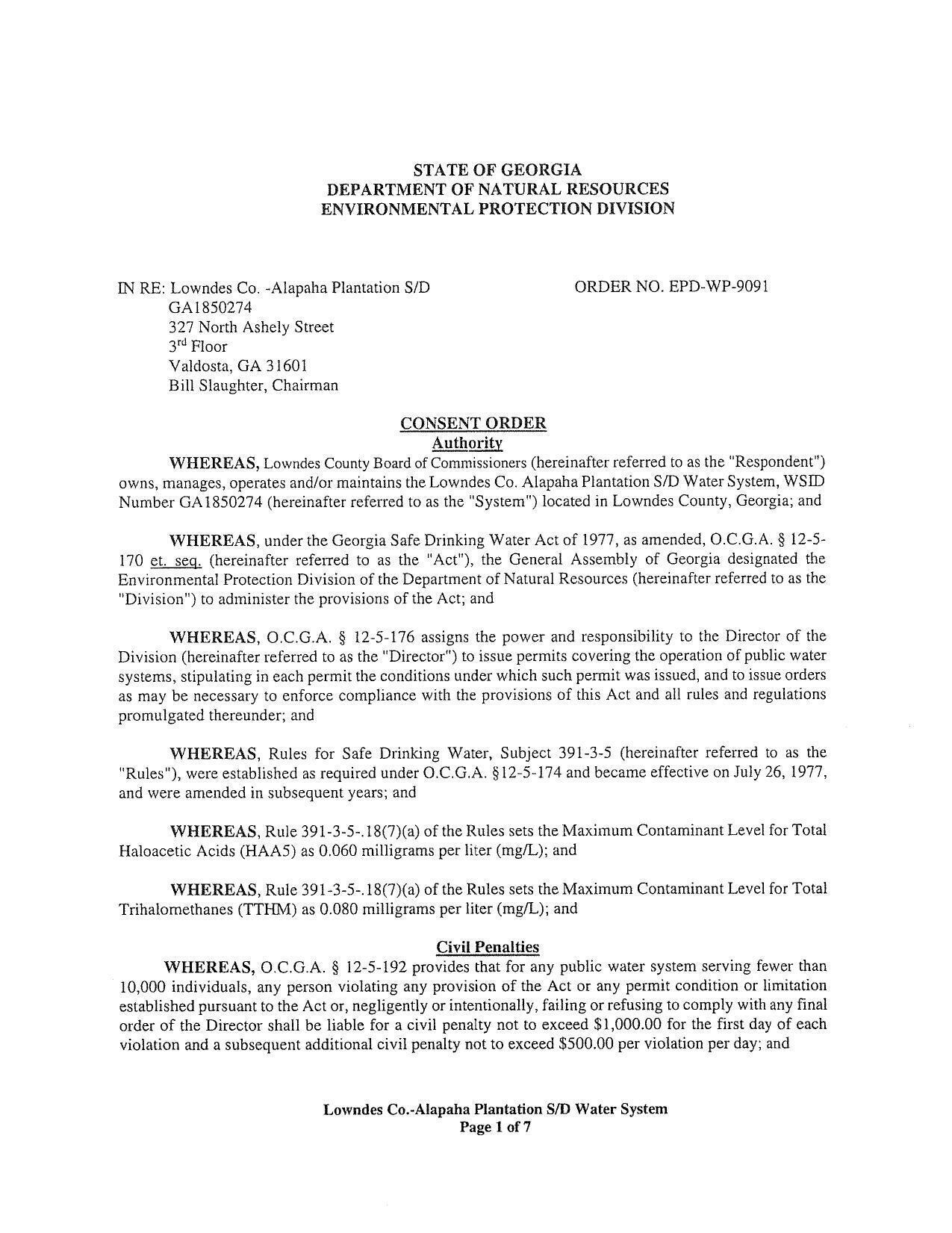 Consent Order No. EPD-WP-9091 NPDES Permit GA1850274