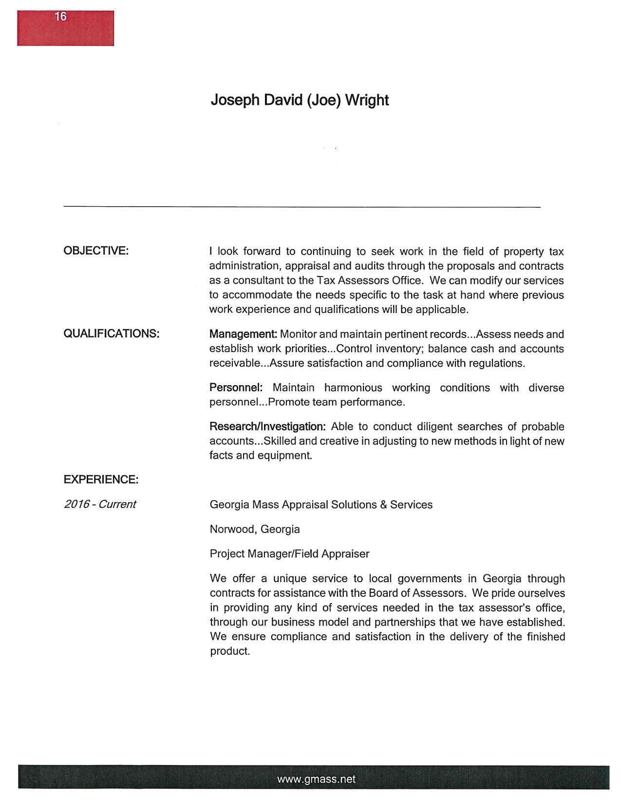 Resume: Joseph David (Joe) Wright