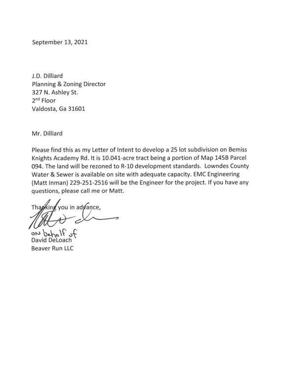Letter of Intent, David DeLoach, Beaver Run LLC
