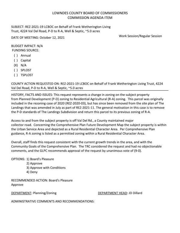 [BUDGET IMPACT: N/A, to remove the P-D standards of The Landings Subdivision and return this parcel to its previous zoning of R-A.]