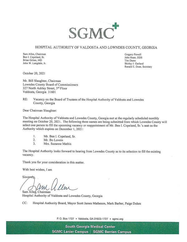 SGMC letter with list to consider for appointment.