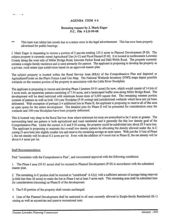 LO-99-08 J. Mark Eager, west side of Miller Bridge Road, 125.6 acres, A-U and F-H to P-D, GLPC Jan 1999