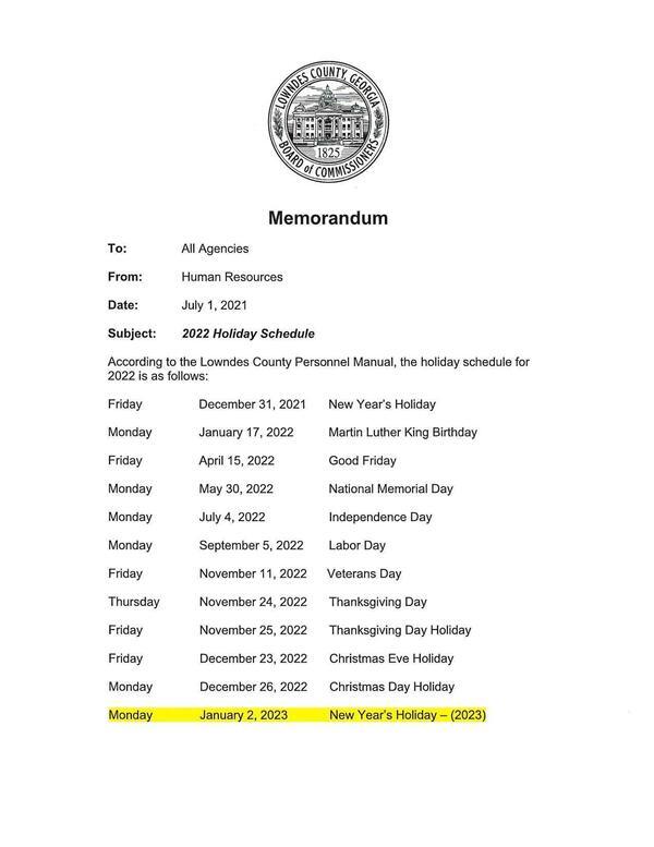 2022 Holiday Schedule