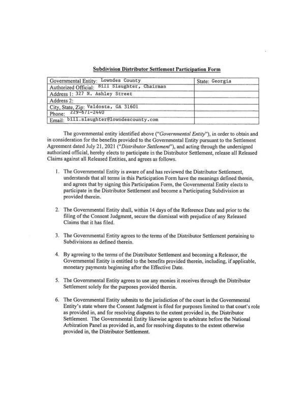 Subdivision Distributor Settlement Participation Form