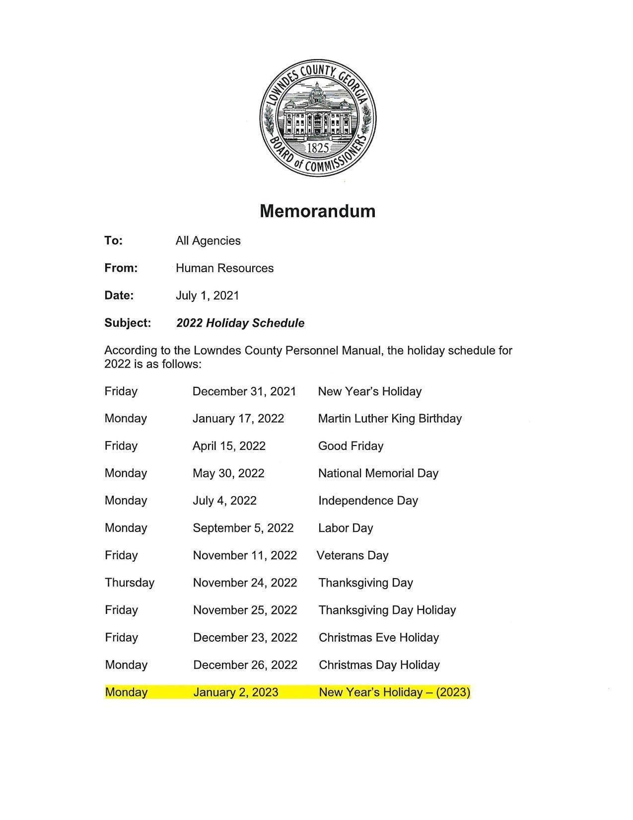 2022 Holiday Schedule