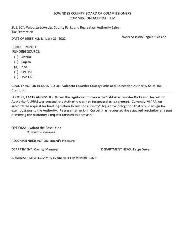 5.j. Valdosta-Lowndes County Parks and Recreation Authority Sales Tax Exemption