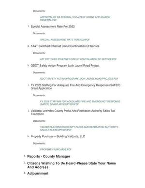 [Tax Assessment, AT&T, Loch Laurel Road, Fire staffing, VLPRA Sales Tax, VLDA Property Purchase]