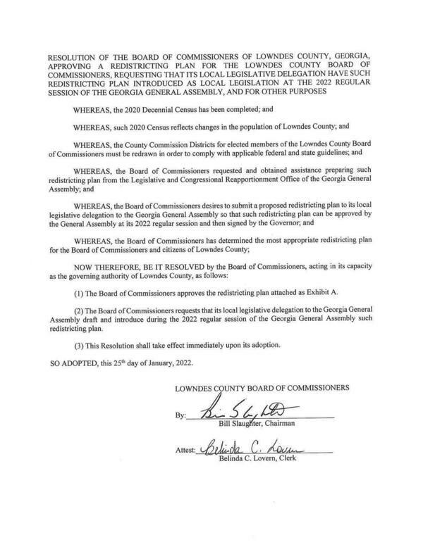 [Resolution approving a Redistricting Plan for the Lowndes County Board of Commissioners]