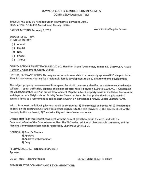 BUDGET IMPACT: N/A for an 80-unit Low-Income Housing Tax Credit multi-family development to an 80-unit townhome development.