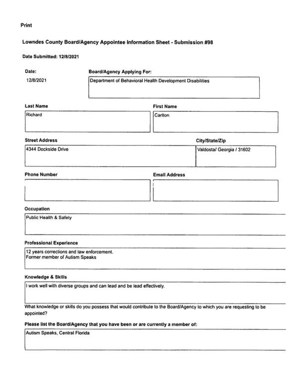 Richard Carlton Lowndes County application