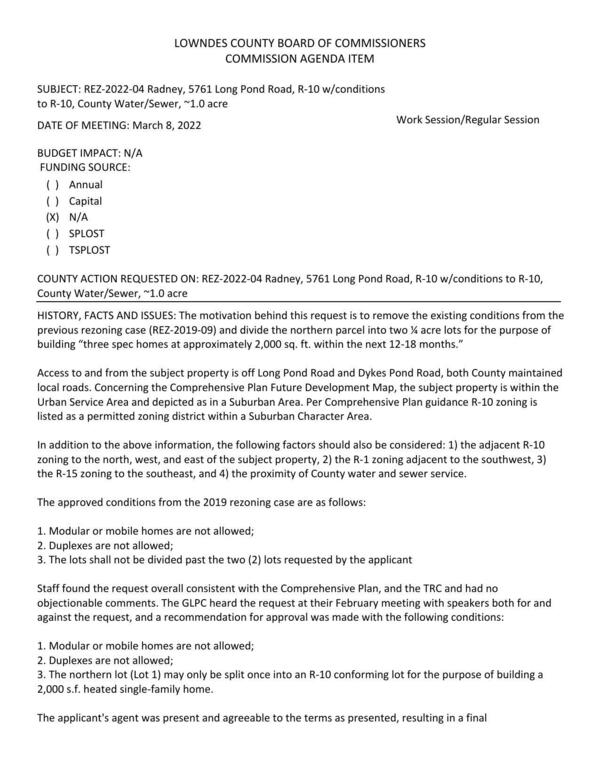 BUDGET IMPACT: N/A; to remove conditions from REZ-2019-09 and divide the northern parcel into two % acre lots for the purpose of building “three spec homes at approximately 2,000 sq. ft. within the next 12-18 months.”