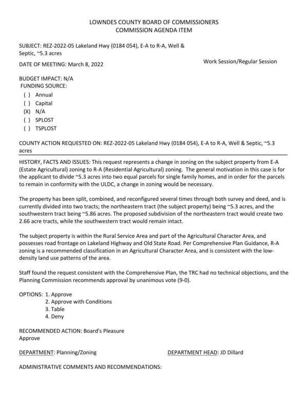 BUDGET IMPACT: N/A, to divide ~5.3 acres into two equal parcels for single family homes