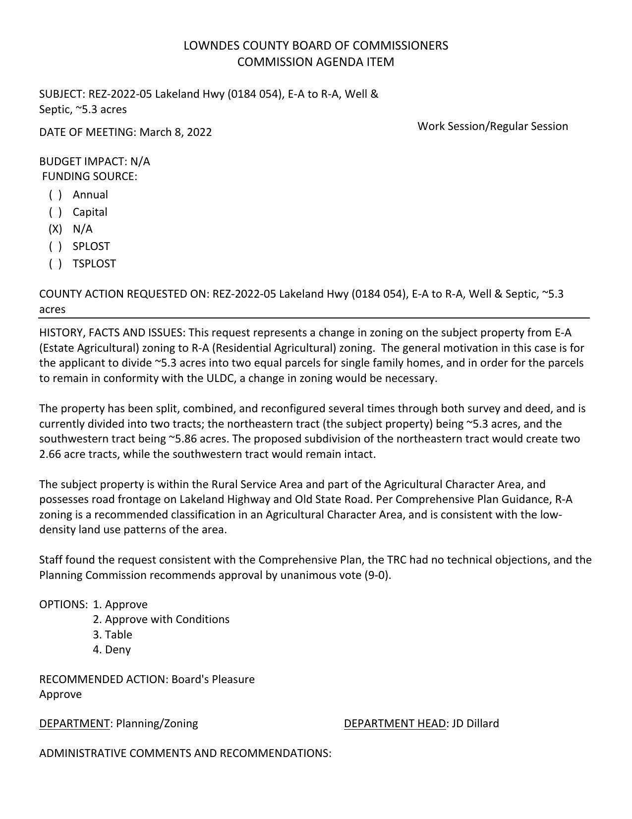 BUDGET IMPACT: N/A, to divide ~5.3 acres into two equal parcels for single family homes