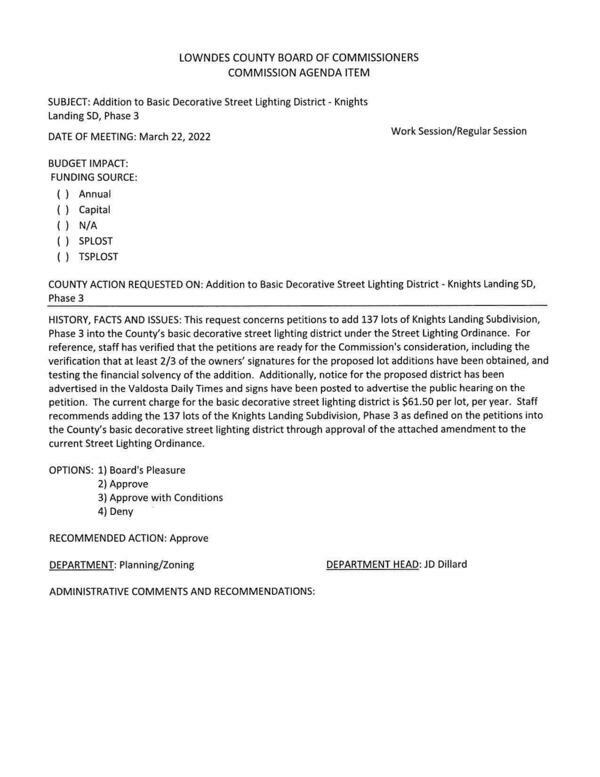 [add 137 lots of Knights Landing Subdivision, Phase 3 into the County’s basic decorative street lighting district under the Street Lighting Ordinance.]
