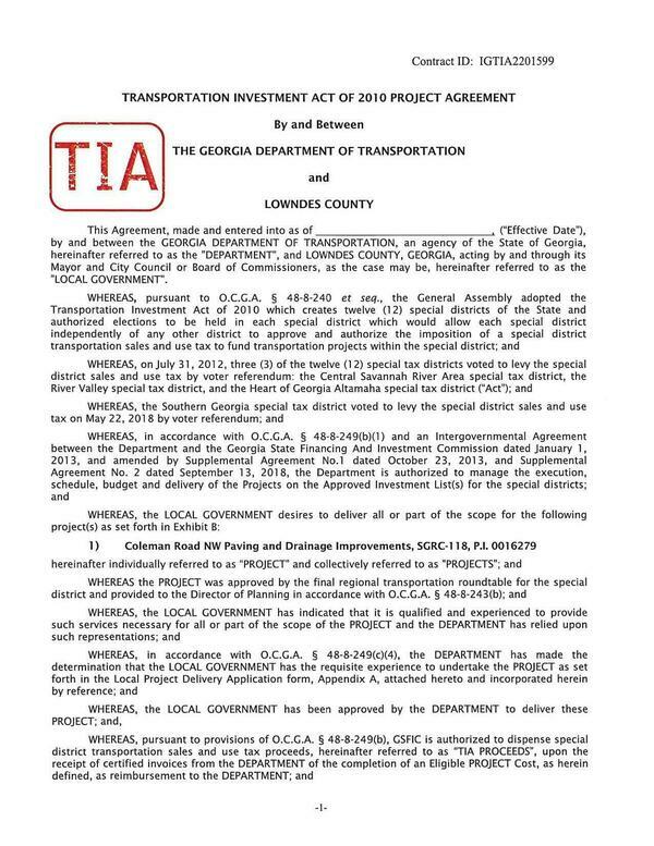 TRANSPORTATION INVESTMENT ACT OF 2010 PROJECT AGREEMENT