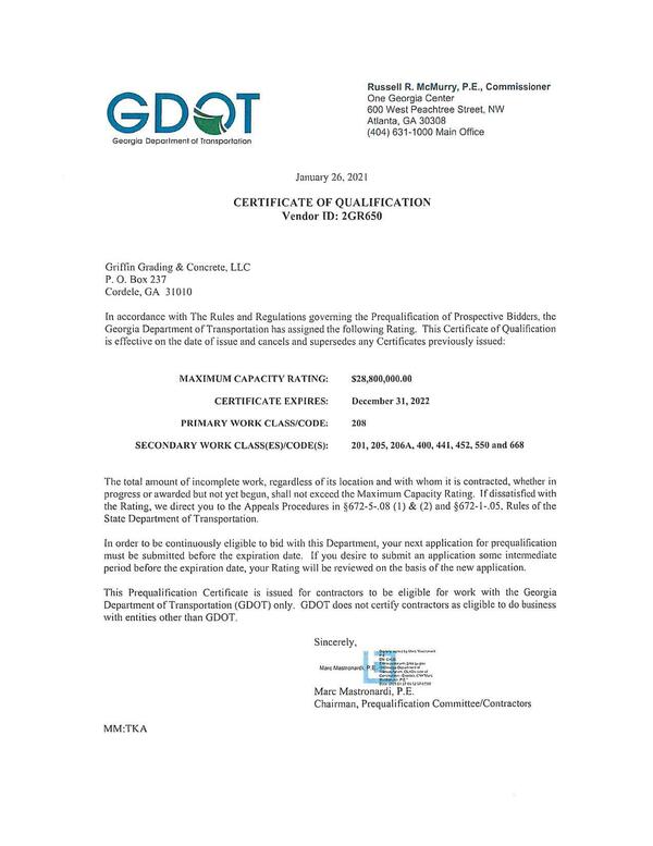 This Prequalification Certificate is issued for contractors to be eligible for work with the Georgia