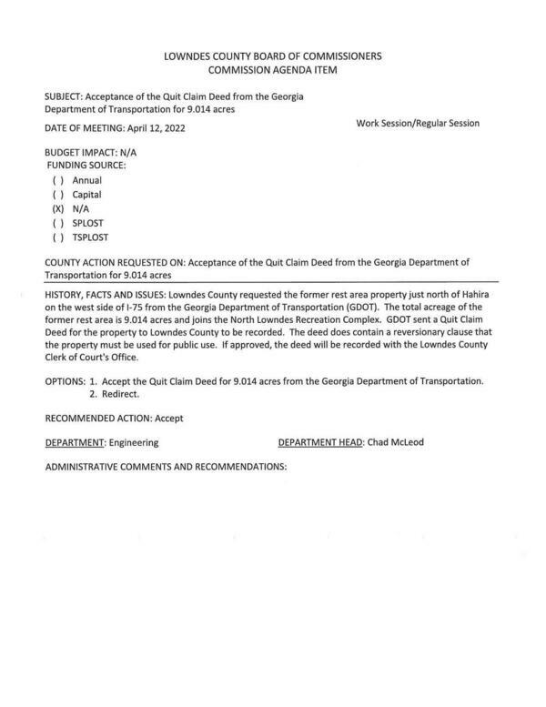 [BUDGET IMPACT: N/A, former rest area is 9.014 acres and joins the North Lowndes Recreation Complex.]