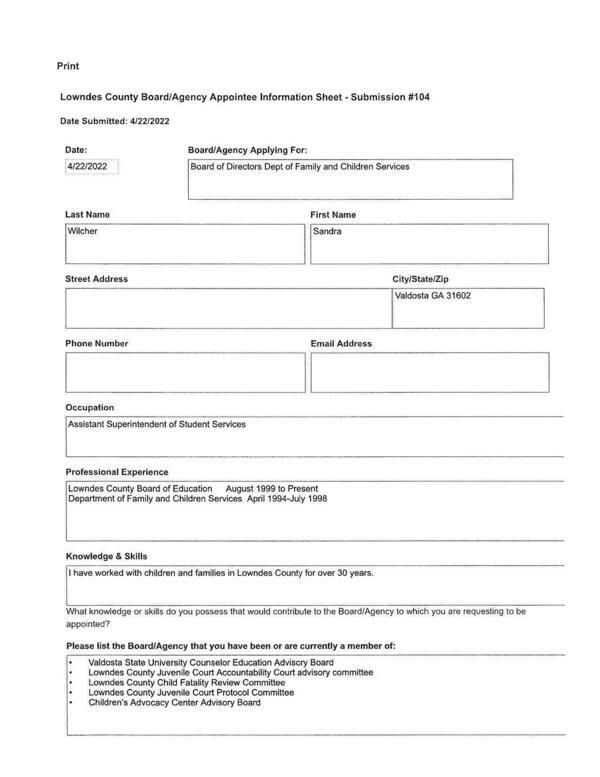 Sandra Wilcher application