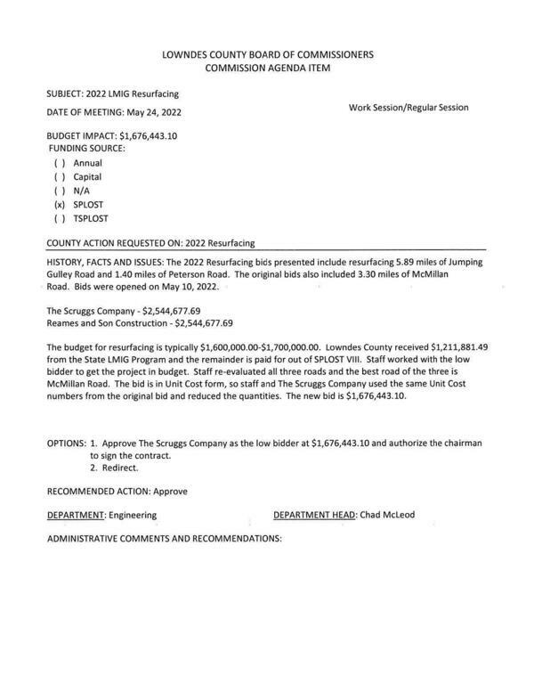 [BUDGET IMPACT: $1,676,443.10, Jumping Gulley Road and Peterson Road]