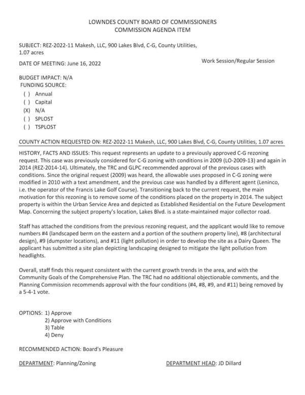 Update to a previously approved C-G zoning request. GLPC voted 5:4:1 for approval with the four conditions being removed.